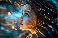 Young woman with glowing glitter makeup and flowing hair in profile against magical blue and orange bokeh background, creating ethereal fantasy atmosphere.