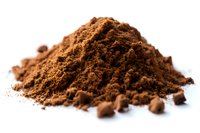 Ground cocoa powder heap on white background, close up macro shot of dark brown chocolate ingredient with soft shadows and texture details.
