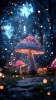 Glowing mushrooms in enchanted night forest with magical pink light particles and bokeh effects creating mystical atmosphere in dark blue woodland setting.