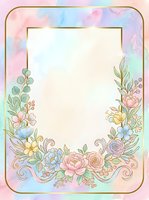Pastel watercolor floral frame with gold border, roses and wildflowers, soft pink blue green tones, copy space for wedding or greeting card.