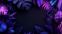 Tropical monstera and palm leaves frame in neon purple and blue colors on dark background, creating mystical jungle border with copy space.