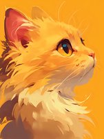 Artistic portrait of ginger cat with expressive amber eyes looking up against orange background, featuring soft brushstrokes and warm color palette. Digital art style.