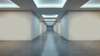 Modern empty corridor with concrete floors and recessed ceiling lights creating perspective in contemporary architectural interior space for commercial design.
