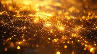 Glowing golden particles and light trails create magical atmosphere with bokeh effect and sparkling dots on dark background, suitable for festive designs.