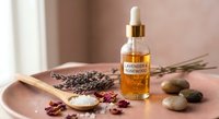 Lavender rosewood essential oil bottle with dropper surrounded by dried lavender flowers, sea salt, rose petals and smooth stones for aromatherapy spa treatments.