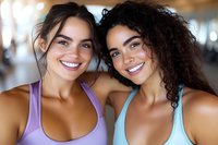 Two diverse young women in fitness attire smiling at camera, wearing purple and turquoise tank tops, representing wellness and friendship at gym.