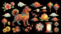 Festive Asian dog with lanterns, fireworks, and decorative elements isolated on transparent background, ready for t-shirt design, clipart, stickers, print-on-demand products, and sublimation projects.