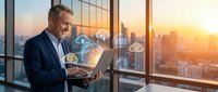 Confident middle-aged Caucasian businessman using laptop with glowing cloud computing icons, city skyline at sunset, digital transformation concept.