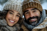 Happy couple wearing warm knitted winter hats and scarves smiling together outdoors in snowy weather. Cozy seasonal portrait for holiday campaigns.