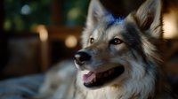 Gray and white wolf dog with amber eyes looking away, mouth open in friendly expression against blurred natural background. Captured in soft natural lighting.