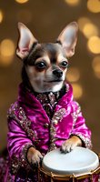 Adorable Chihuahua dog wearing luxurious pink embroidered costume plays small drum against golden bokeh background, creating whimsical holiday atmosphere.