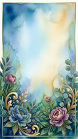Watercolor floral frame with blue and pink peonies, ornamental gold scrollwork, and botanical foliage on soft gradient background. Suitable for invitations, greeting cards, and design templates.