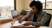 Professional African American businesswoman in gray suit writing documents at office desk with laptop and city view window.
