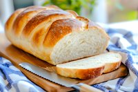 Fresh homemade white bread loaf sliced on wooden cutting board with blue striped kitchen towel, showing soft fluffy texture and golden brown crust.