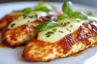 Grilled chicken breast topped with melted mozzarella cheese, fresh basil leaves and creamy sauce on white plate, close-up view of juicy meat dish.