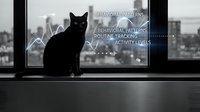 Black cat sitting on windowsill with city skyline view and behavioral data analytics overlay, representing pet monitoring and smart home technology applications.
