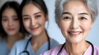Three generations of Asian women healthcare workers smiling at camera, wearing medical uniforms against light background, representing family legacy in medicine.