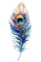 Watercolor peacock feather with vibrant gradient splatter effect in blue, purple, and gold tones, isolated on white background for design projects.