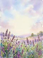 Watercolor lavender field landscape with purple flowers and soft pastel sky for relaxation and wellness designs.