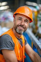 Confident middle-aged construction worker with beard wearing orange safety vest and hardhat smiling at industrial workplace setting. Professional portrait.