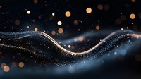 Flowing wave of golden and blue particles with bokeh lights on dark background, suitable for technology, business presentations, and digital design projects.