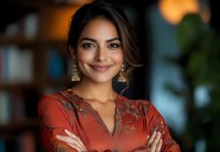 Young woman in orange embroidered dress smiling confidently with arms crossed, wearing traditional gold earrings against blurred interior background.