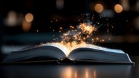 Open book with magical glowing sparks and particles rising from pages against dark background, creating mystical atmosphere for fantasy and education concepts.