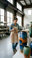 Happy female potter in apron working with colorful ceramic vases in bright industrial studio workspace for creative arts and crafts projects.
