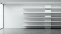 Modern minimalist interior with floating white shelves on wall creating geometric shadow pattern in empty room with concrete floor and natural light.