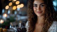 Young woman with curly hair enjoying red wine at elegant restaurant with warm bokeh lights creating romantic dining atmosphere for celebrations.