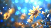 Yellow sunflower with water drops against blurred blue bokeh background, soft dreamy atmosphere with golden light and magical glow creates ethereal nature scene.