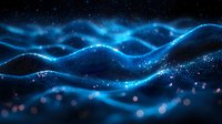 Abstract digital wave pattern with glowing blue particles and bokeh effects flowing in dark space, creating dynamic motion and futuristic technology visualization.