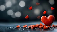 Red heart shapes scattered on dark reflective surface with bokeh lights background, romantic Valentine's Day concept for greeting cards and social media posts.
