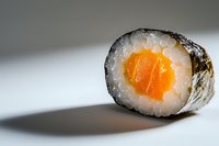 Fresh salmon maki sushi roll with rice and nori seaweed on white background, close-up view showing vibrant orange fish and detailed texture of ingredients.