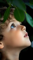 Close-up profile portrait of young child with blue eyes looking up through green leaves, expressing wonder and curiosity against dark background.