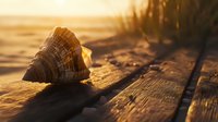 Seashell on weathered wooden pier at golden sunset, casting long shadows across textured surface. Natural coastal still life with warm lighting.