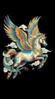 Ornate winged horse with decorative patterns in blue, orange, and gold tones, isolated on transparent background. Ready for t-shirts, stickers, clipart, and print-on-demand designs.