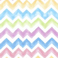 Seamless watercolor chevron pattern in soft pastel colors on white background. Repeating zigzag stripes in pink, blue, green, purple and yellow create gentle geometric design.