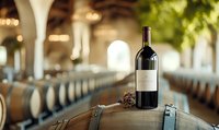 Red wine bottle on oak barrel in traditional winery cellar with rows of wooden casks and soft ambient lighting creating atmospheric wine tasting environment.