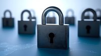 Metal padlock in focus with blurred locks in background on world map surface, representing global security and data protection concepts in cool blue tones.
