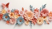 Delicate paper craft flowers in coral pink, peach and dusty blue create romantic floral arrangement with butterfly accent on light background. Decorative border design.