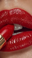 Close-up of glossy red lips with matching lipstick being applied, showcasing vibrant color and texture for cosmetic advertising.