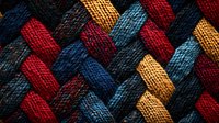 Colorful woven textile pattern with interlaced red, blue and golden threads creating diagonal stripes. Macro close-up showing detailed fabric texture and weaving.