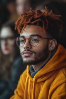 Young African American man with dreadlocks wearing glasses and orange hoodie looking thoughtfully away from camera in urban setting for lifestyle content.