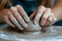 Female hands shaping wet clay on pottery wheel, close-up view of fingers working with ceramic material during creative process in artisan workshop.