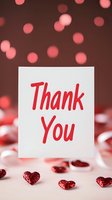 Red thank you note with glitter hearts and bokeh lights on soft background, romantic appreciation message for Valentine's day, wedding or anniversary celebration.