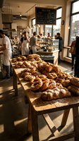 Artisan bakery interior with fresh croissants and pastries displayed on wooden tables. Bakers working in background with warm natural lighting creating cozy atmosphere.