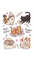 Adorable cats with love letters and hearts collection featuring playful kittens, romantic envelopes, cupid arrows for Valentine's Day greeting cards.