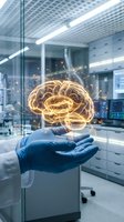 Gloved hand holding glowing digital brain hologram in modern medical laboratory representing neuroscience research and artificial intelligence in healthcare.