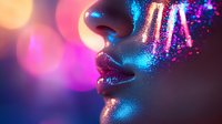 Close up view of glossy lips and nose with neon blue lighting and pink bokeh effects in background, covered with sparkly glitter makeup for creative beauty photography.